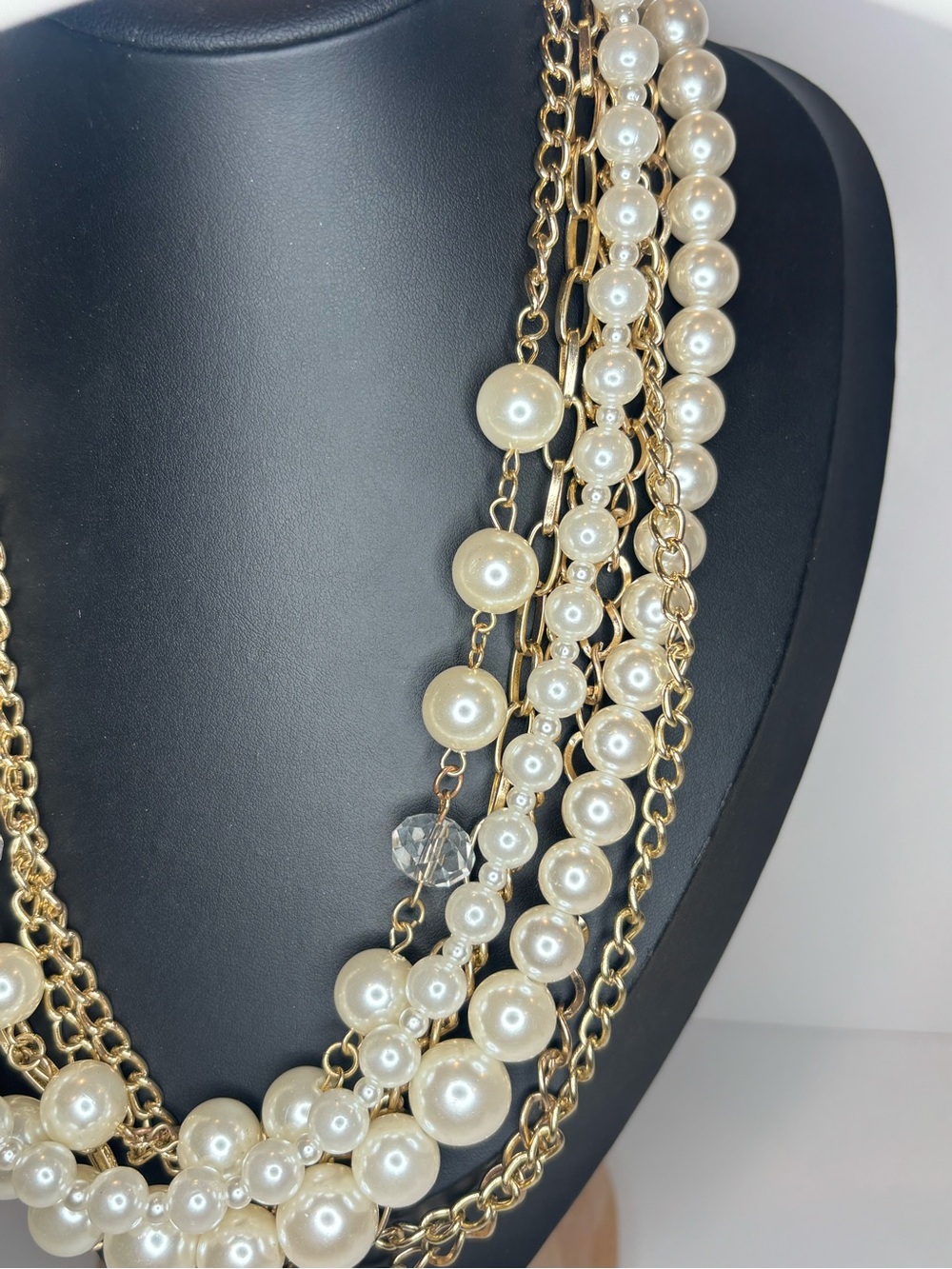 Multi Strand Faux Pearl Necklace w Gold Tone Chains Layering Statement 21.5” - Picture 2 of 3